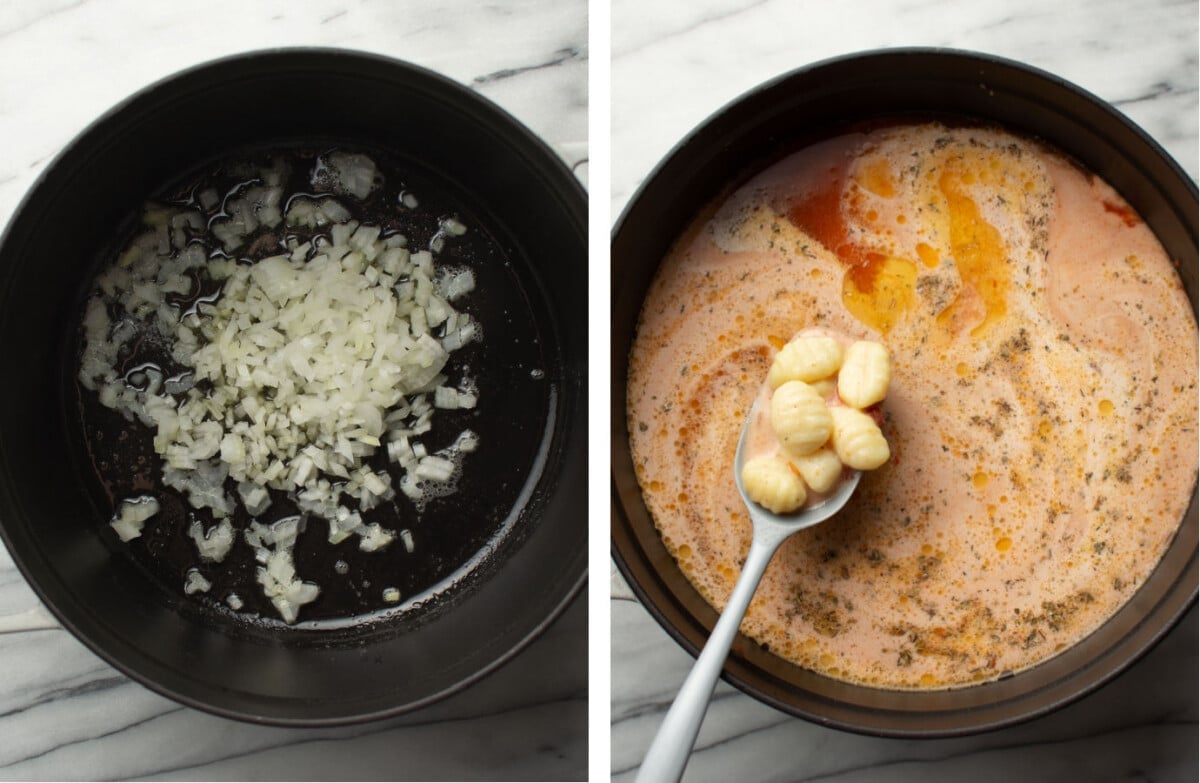 sauteing onions in a soup pot and adding other ingredients for tomato gnocchi soup