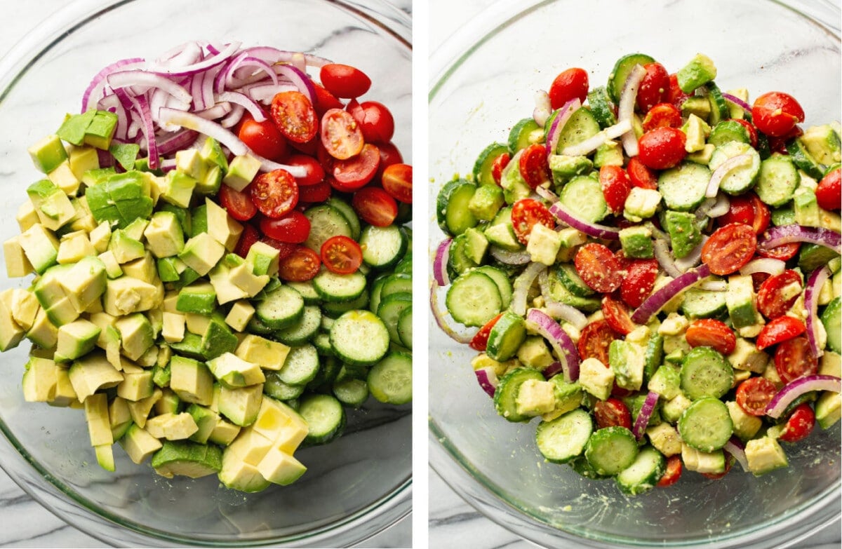 a prep bowl with cucumber tomato avocado salad before and after tossing