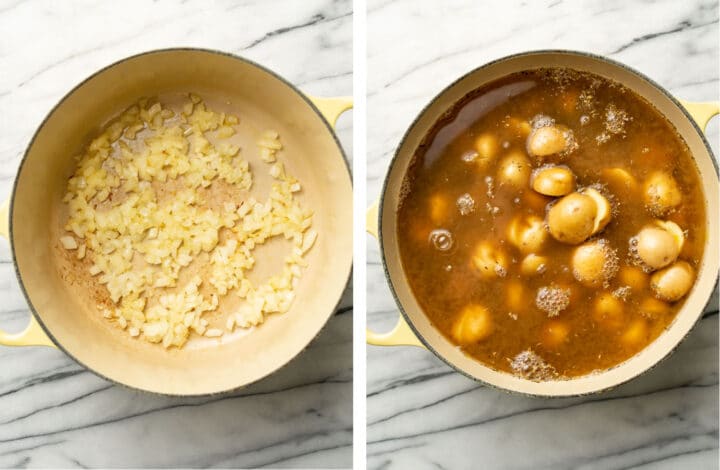 sautéing onions and adding potatoes and broth to a soup pot