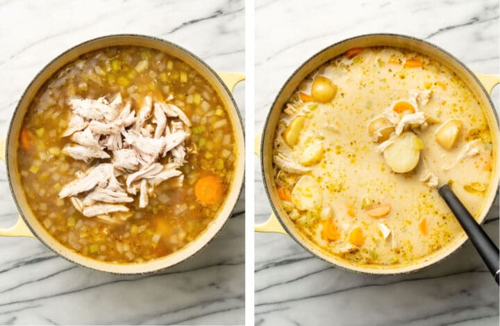 adding leftover turkey to a soup pot and mixing in cream