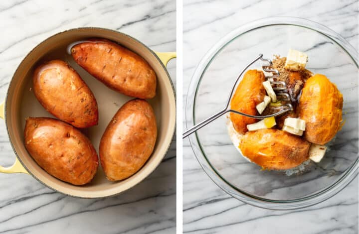 boiling a pot of sweet potatoes and adding to a bowl to mash