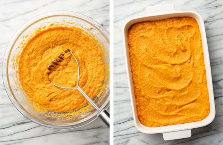 mashing sweet potatoes and adding to a baking dish