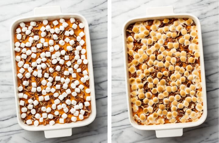 sweet potato casserole in a baking dish before and after baking