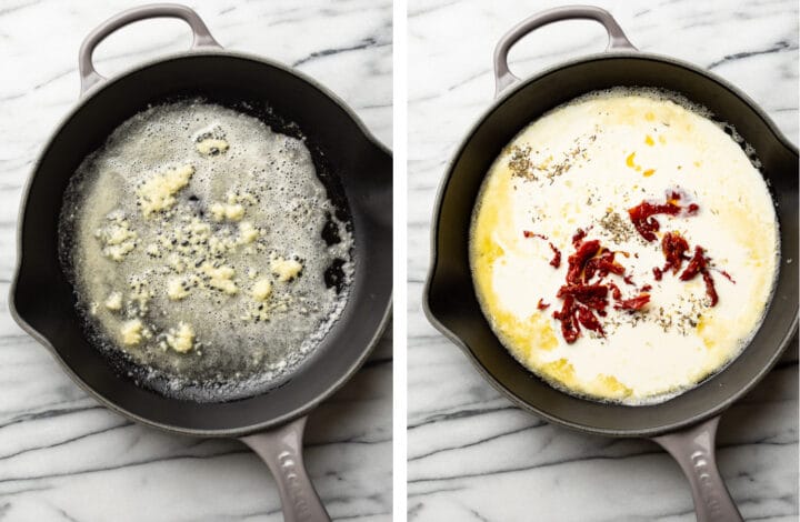 making a roux in a skillet and adding in cream and sun dried tomatoes