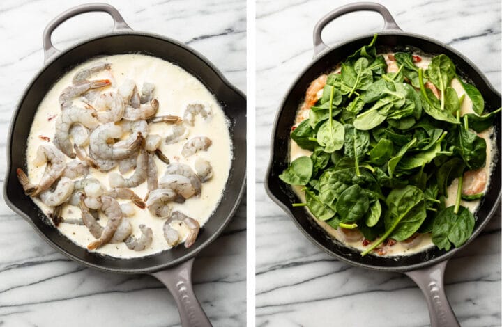adding shrimp and spinach and basil to a skillet