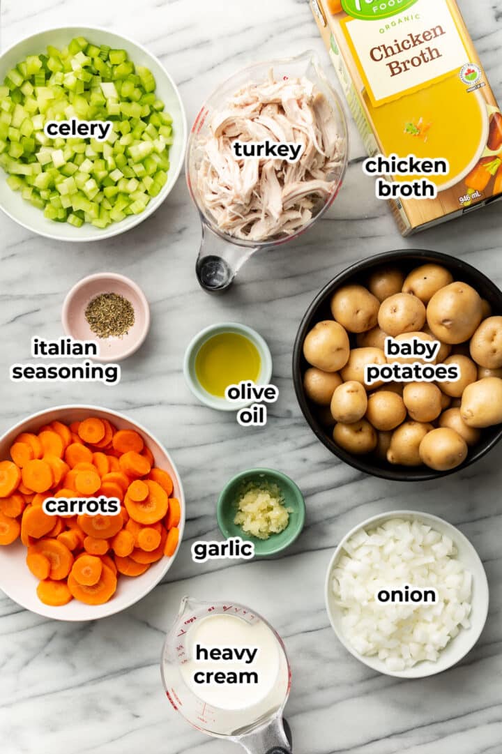 ingredients for leftover turkey soup in prep bowls