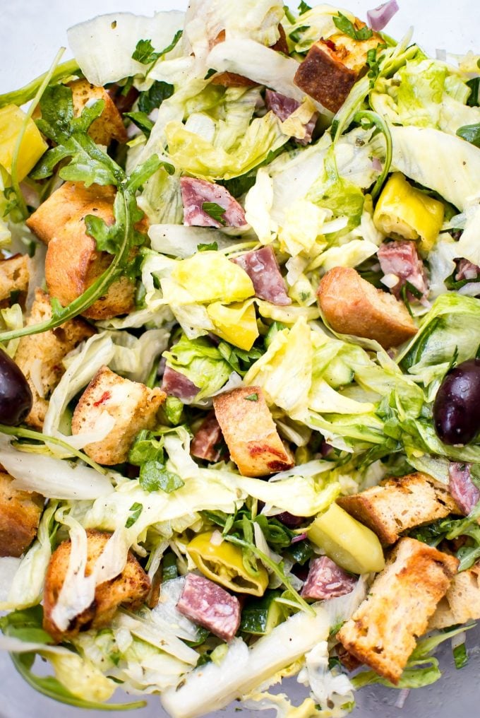close-up of Italian chopped salad with homemade croutons
