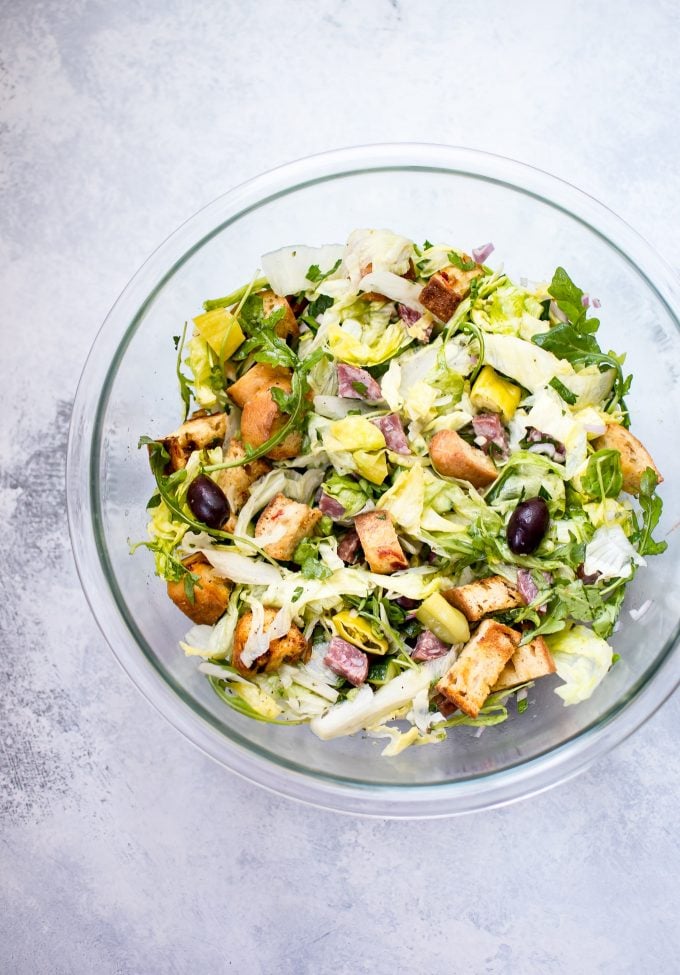 glass bowl with Italian chopped salad