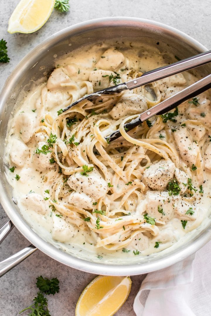 easy chicken alfredo with pasta in a skillet