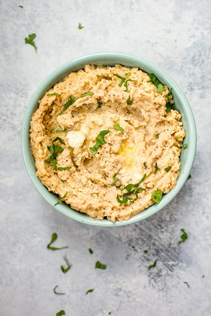 low-carb roasted mashed cauliflower in a bowl