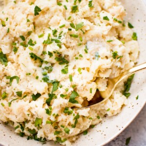 This rustic parsnip mash recipe is a delicious side dish with a nice kick of garlic and the fresh flavors of chives and parsley. 