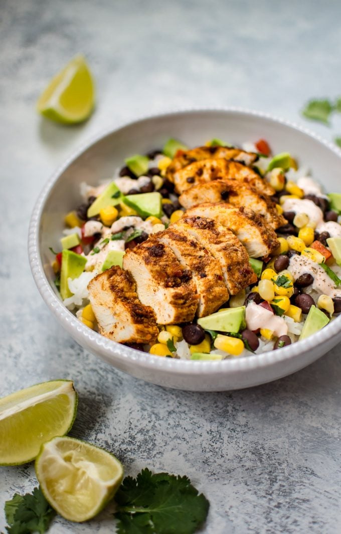 spicy chicken taco bowl with southwest seasoning and creamy drizzle