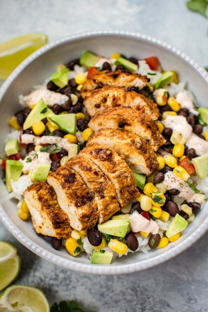 close-up of southwest spicy chicken taco bowl