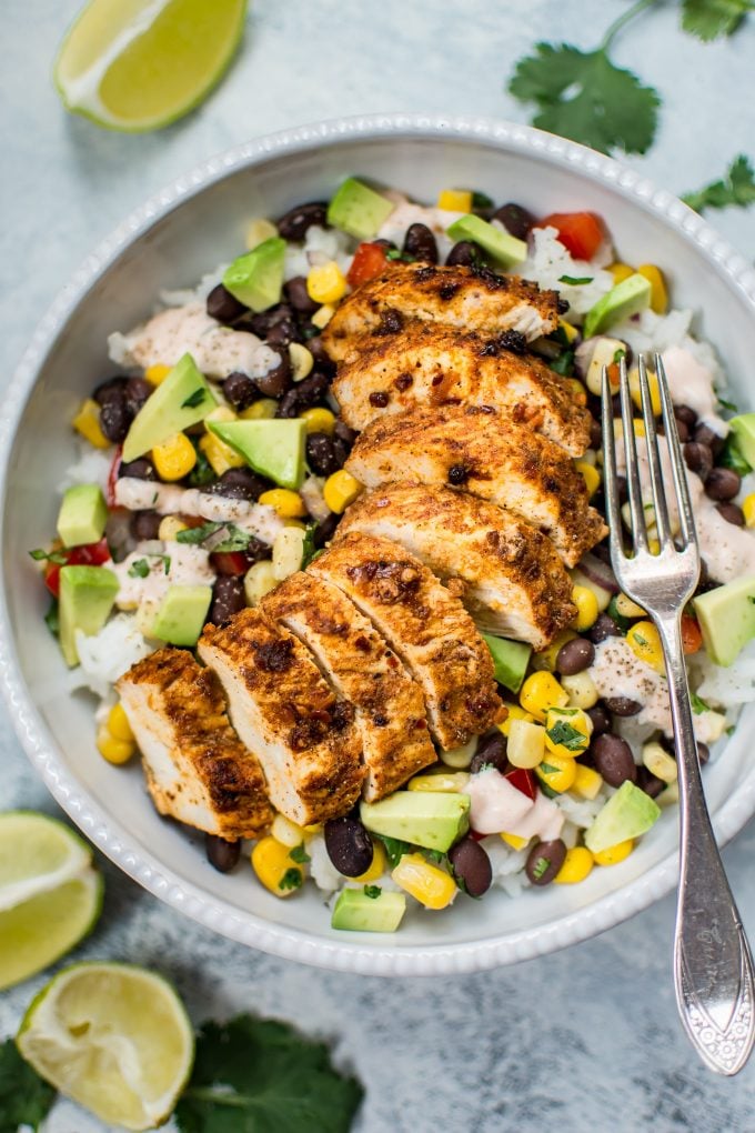 spicy chicken taco bowl with fork