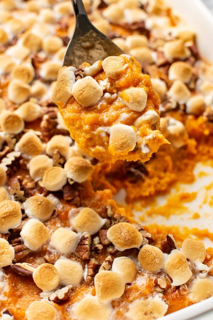 sweet potato casserole on a serving spoon