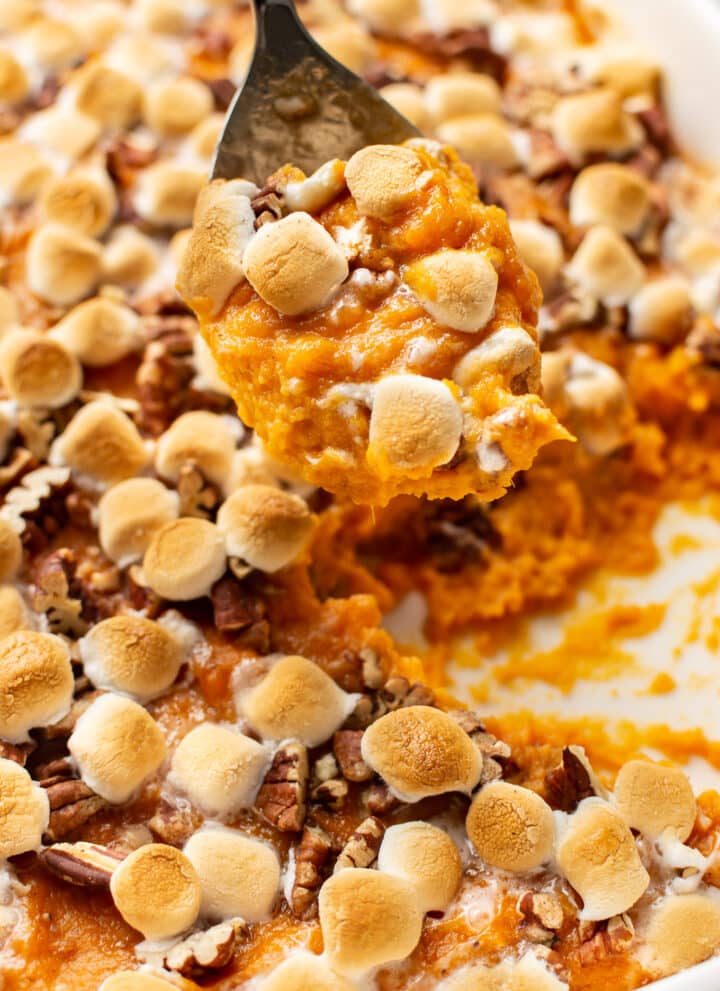sweet potato casserole on a serving spoon