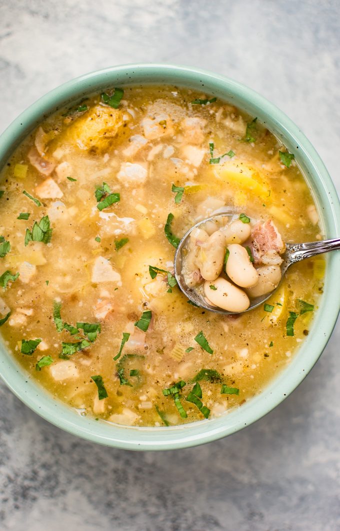 close-up of white bean pancetta soup in a bowl with spoon