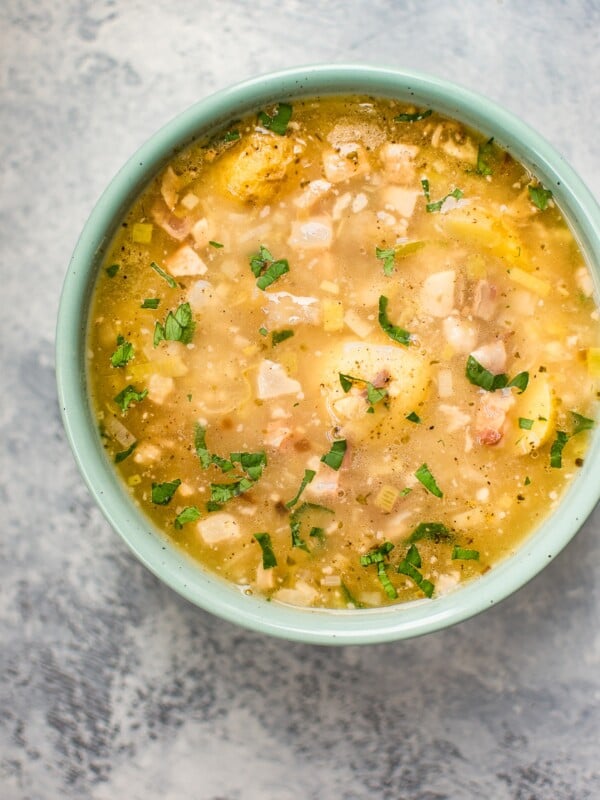 This white bean and potato soup with pancetta is a simple, hearty, and comforting soup. Italian bacon, potatoes, and leeks make this totally delicious!