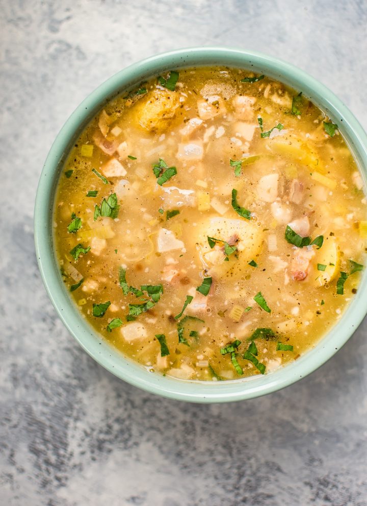 This white bean and potato soup with pancetta is a simple, hearty, and comforting soup. Italian bacon, potatoes, and leeks make this totally delicious!
