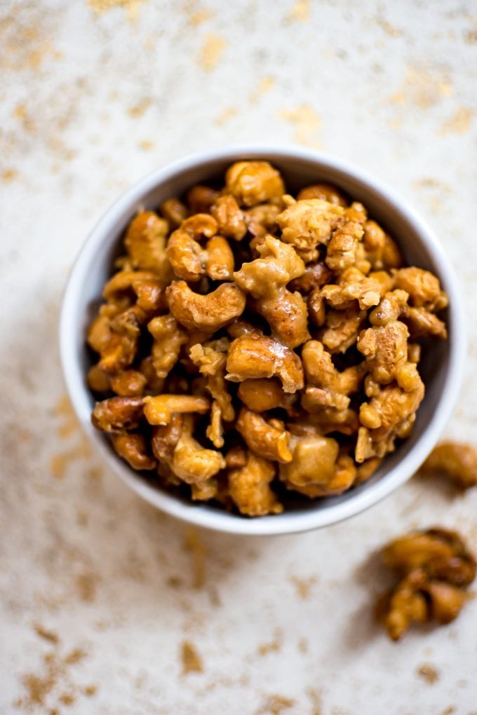 candied cashews in a bowl