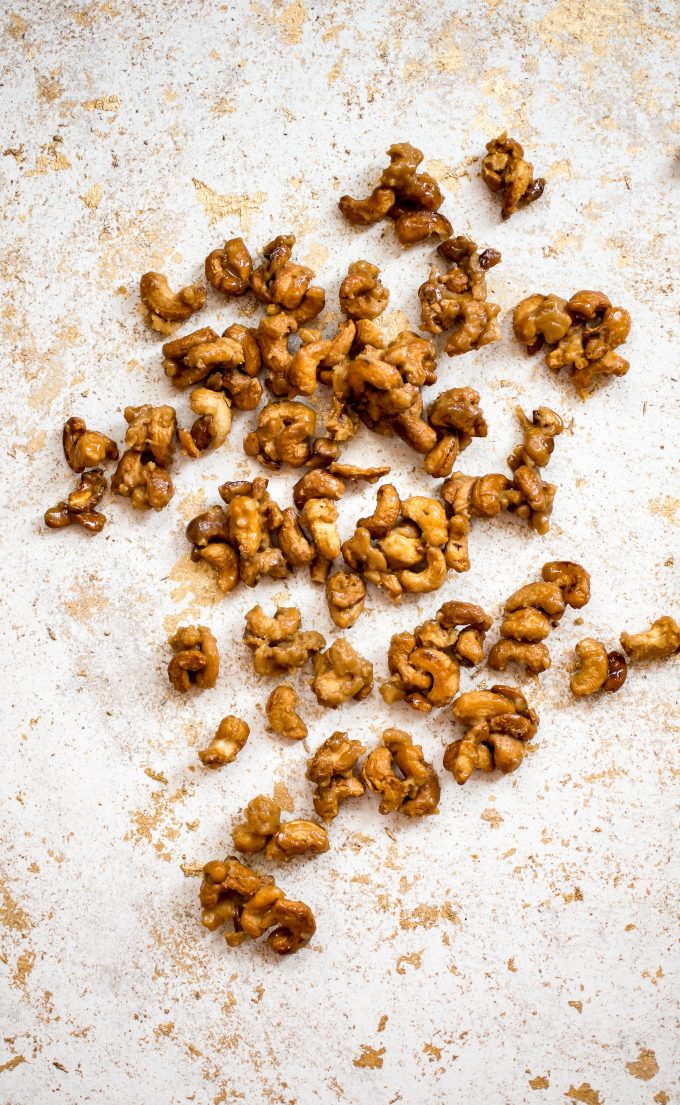 loose candied cashews on counter