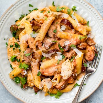 This chicken and chorizo pasta recipe is flavorful, easy, and comes together fast! Perfect for a weeknight dinner or easy entertaining.