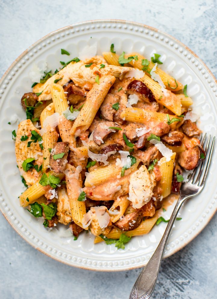 This chicken and chorizo pasta recipe is flavorful, easy, and comes together fast! Perfect for a weeknight dinner or easy entertaining. 