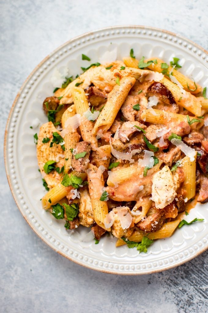 chicken chorizo pasta on a plate