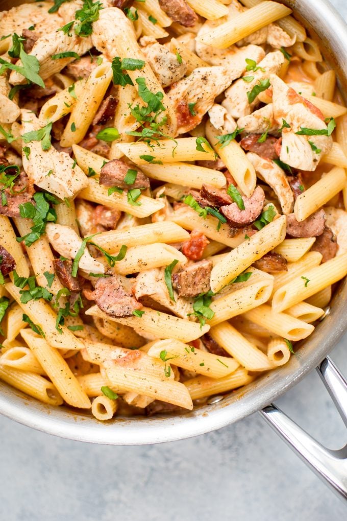 close-up of chicken chorizo penne in a skillet