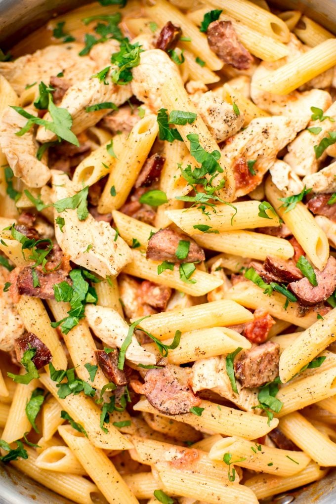 close-up of chicken chorizo pasta