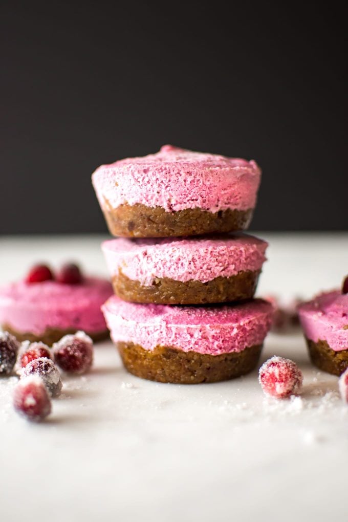 stack of three vegan cranberry cheesecakes