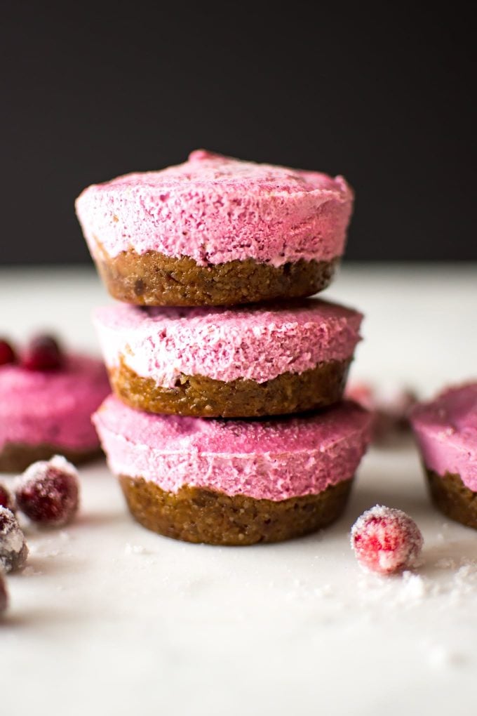 stack of three mini vegan cranberry cheesecakes