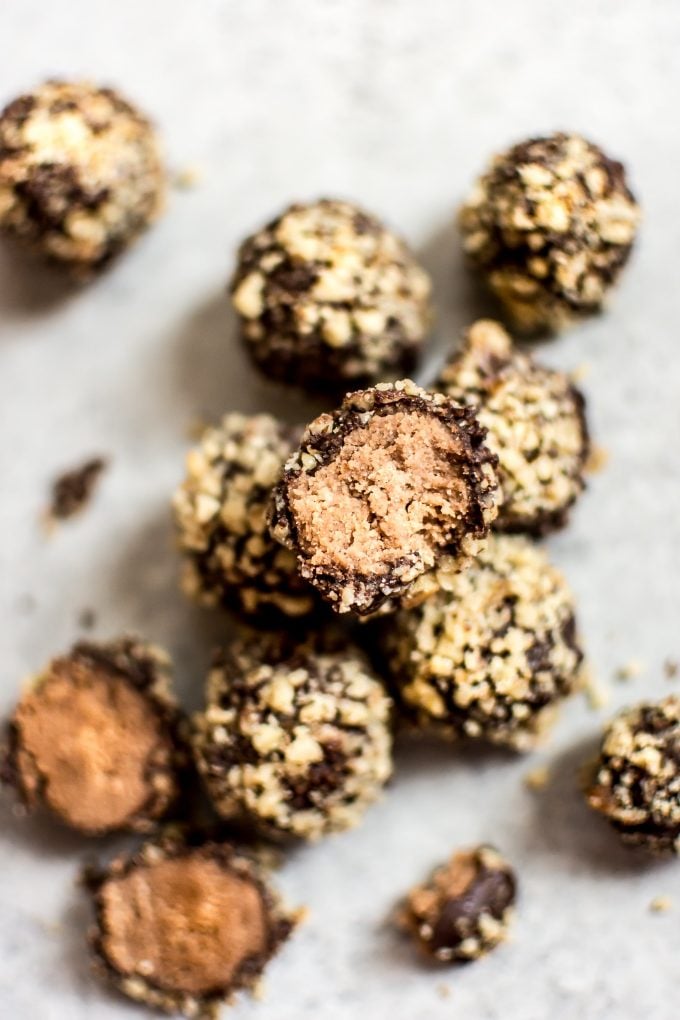 close-up of an easy coconut rum truffle with a bite taken