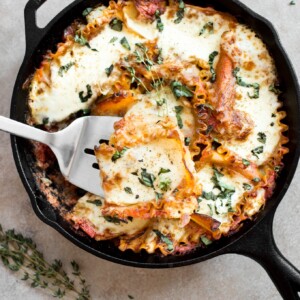 cast iron skillet with healthy lasagna