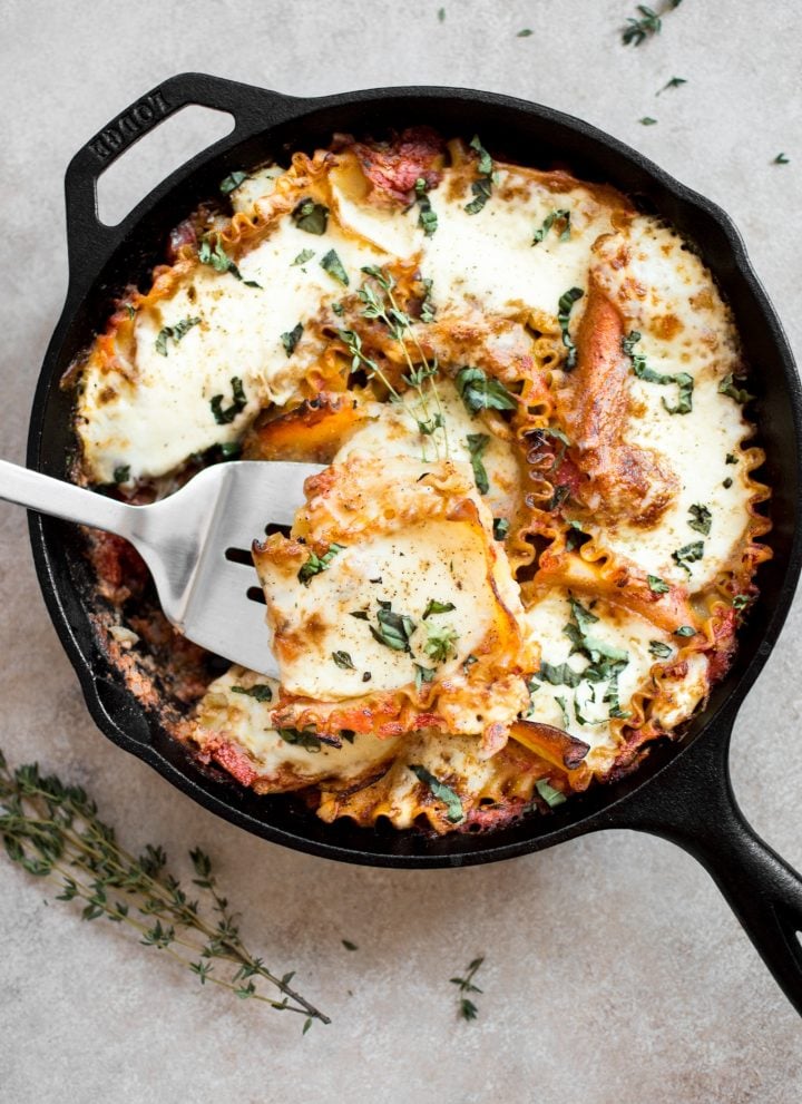 cast iron skillet with healthy lasagna