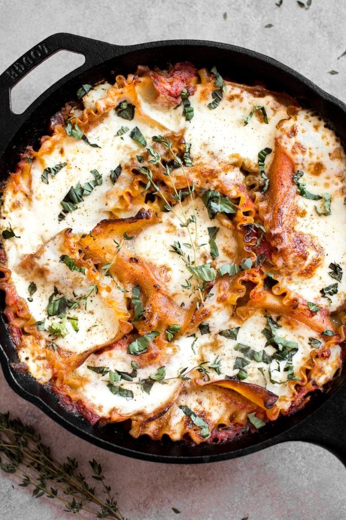 close-up of Caprese skillet lasagna