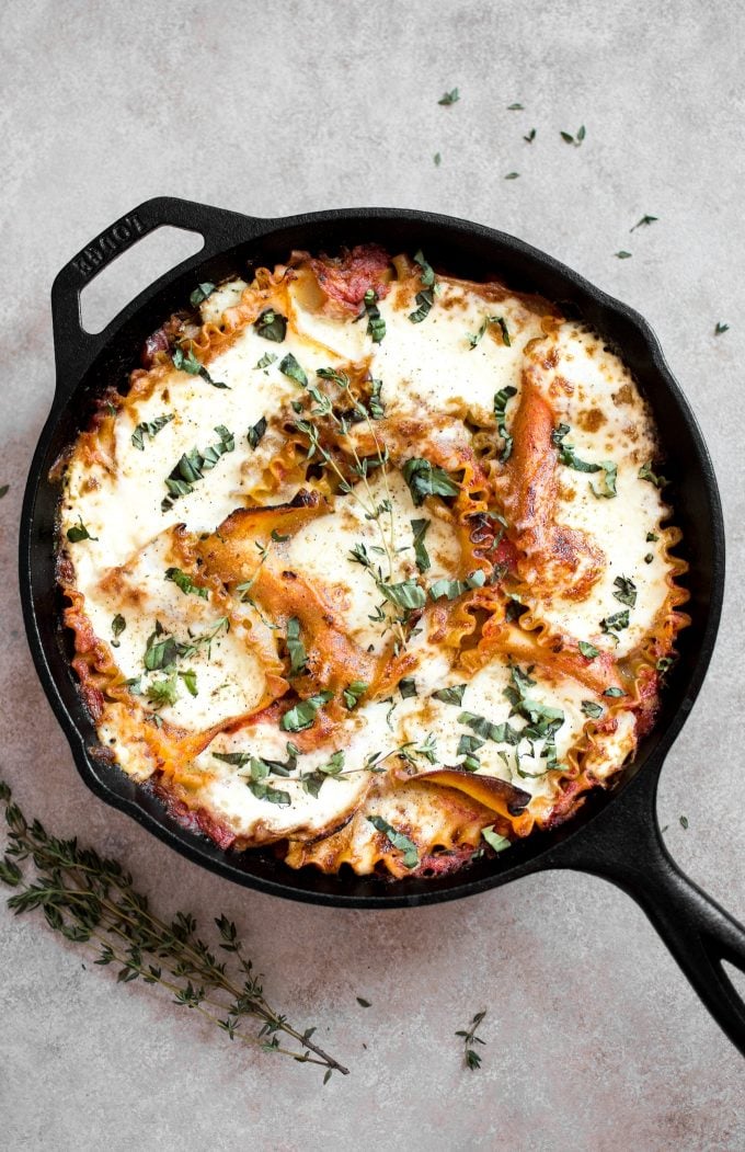 healthy lasagna in a cast iron skillet