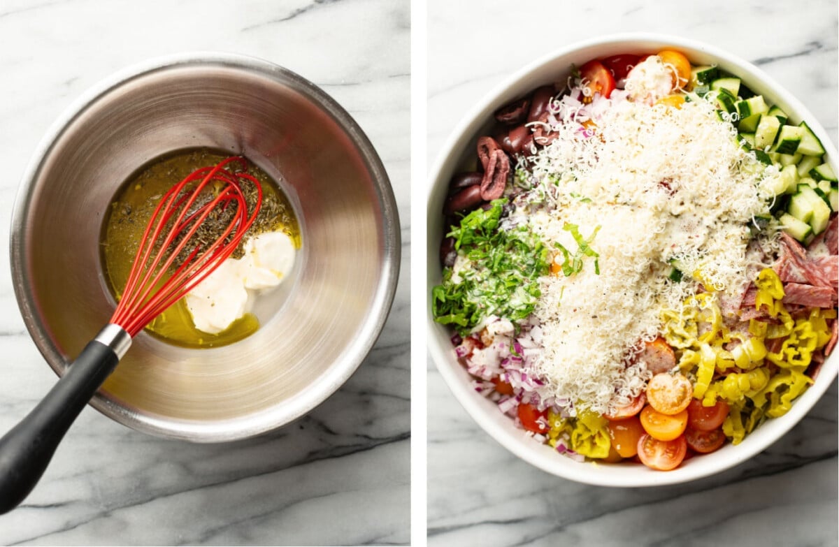 whisking homemade italian dressing in a prep bowl next to a bowl of chopped salad