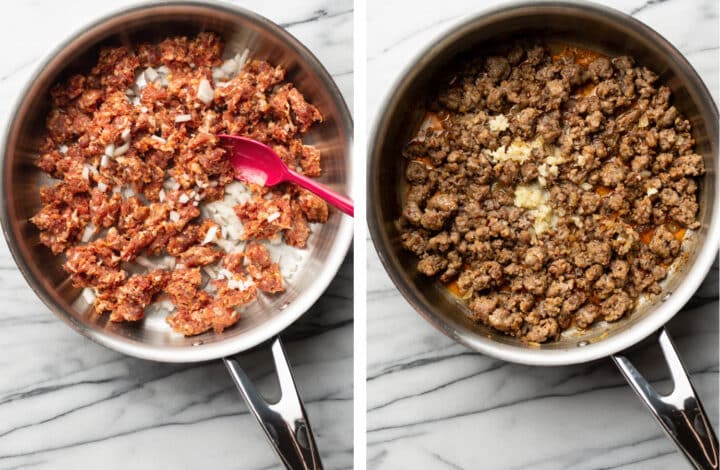 cooking italian sausage in a skillet