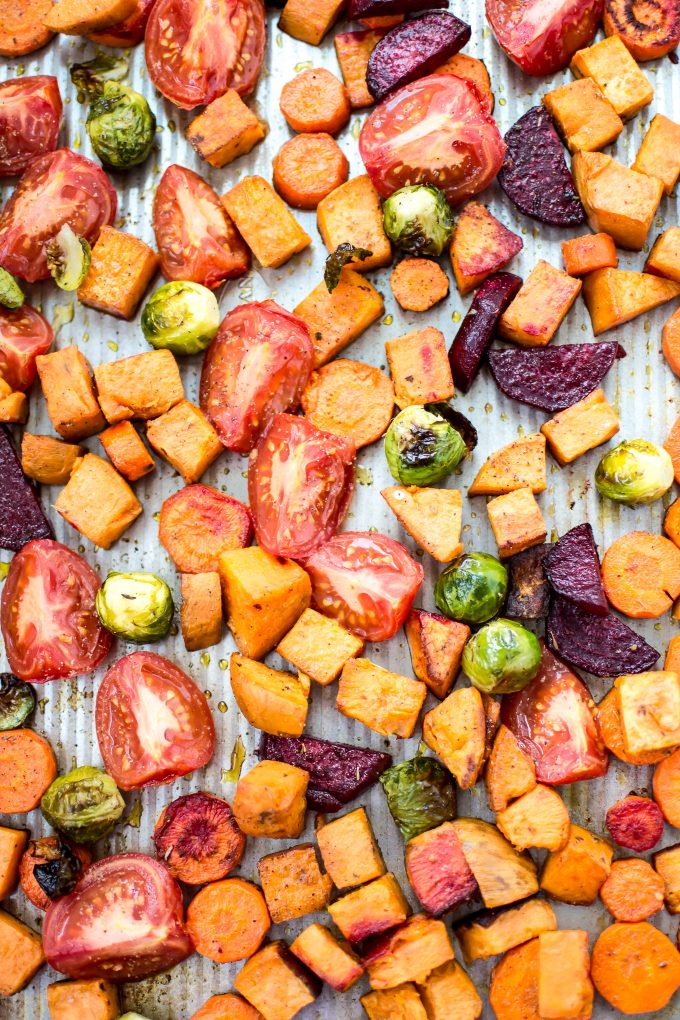 roasted vegetables on a sheet pan