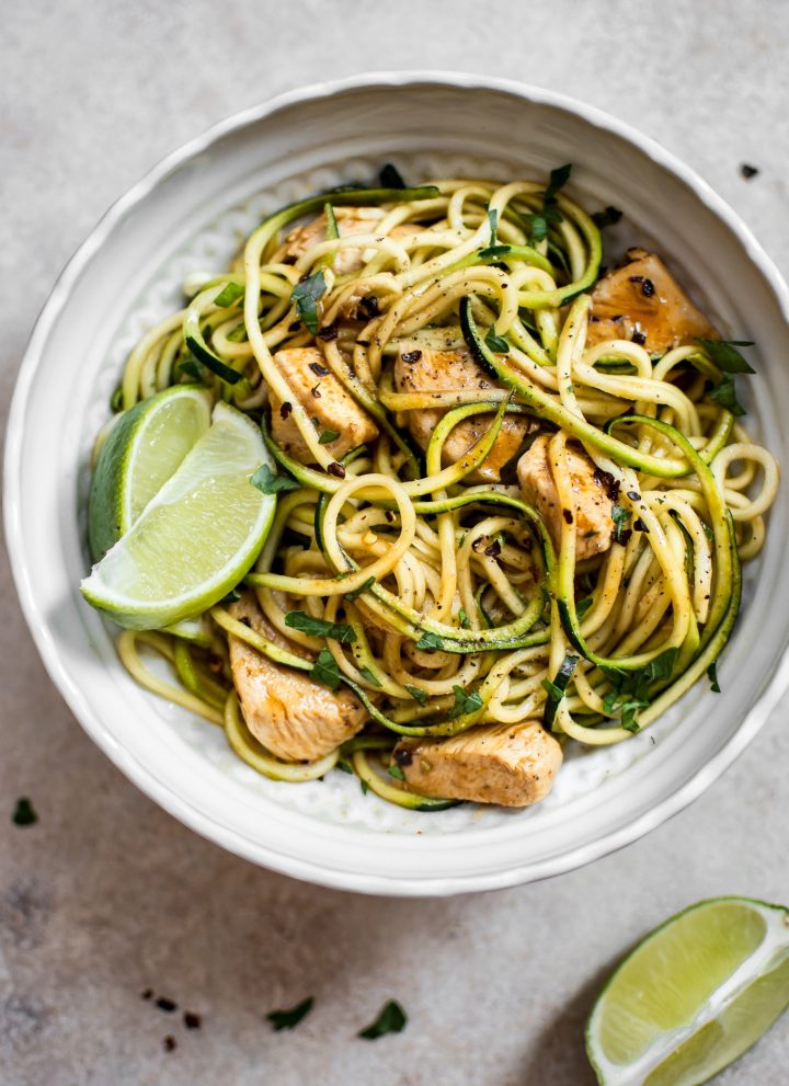 These sweet and spicy chicken zoodles are a quick and easy low-carb recipe that's fresh and flavorful. Ready in 15 minutes!