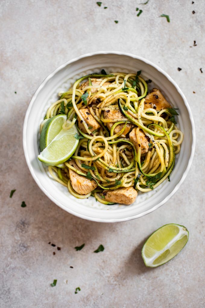 bowl of sweet and spicy chicken zoodles