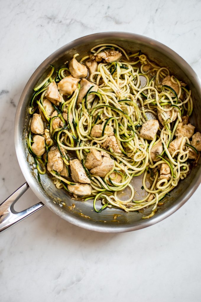 metal skillet with Teriyaki chicken zoodles