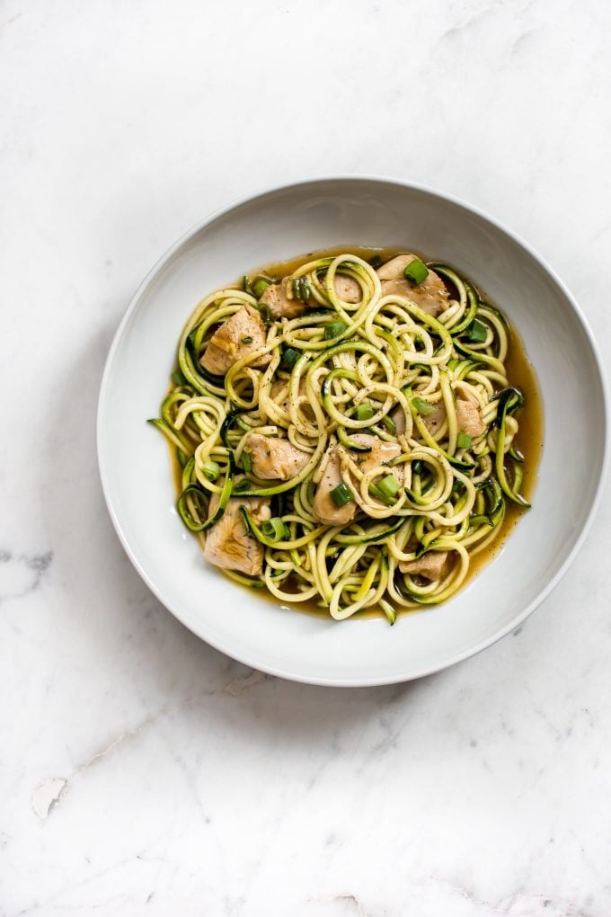 bowl of Teriyaki chicken and zucchini noodles