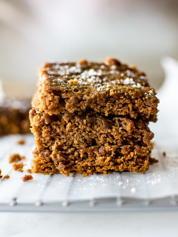 These vegan gingerbread bars are sweet, sticky, easy to make, and wonderfully festive. 