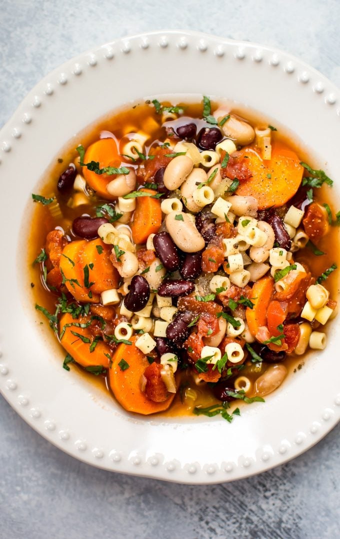 close-up of vegetarian pasta e fagioli soup in bowl