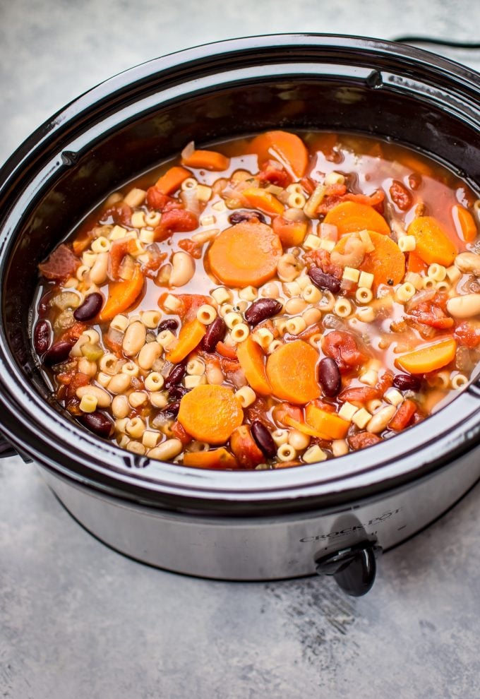 vegetarian pasta e fagioli soup in a Crockpot