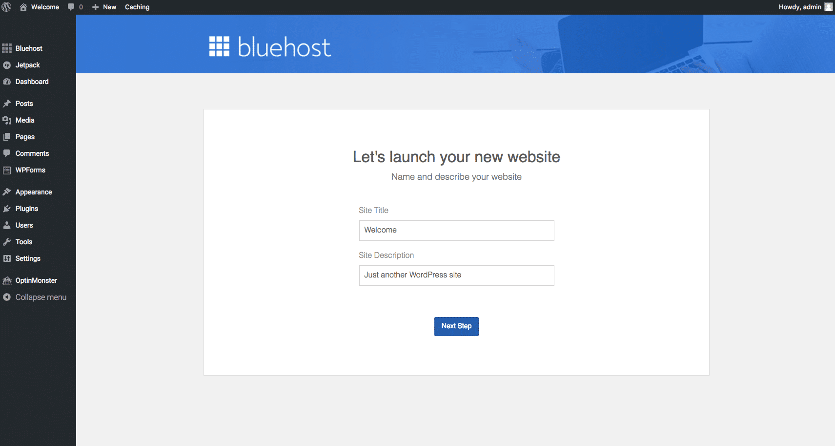 Bluehost screenshot with launching a website details