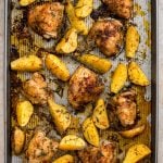 This sheet pan baked chicken and potatoes recipe is super easy and makes a delicious and comforting dinner that the whole family will love!