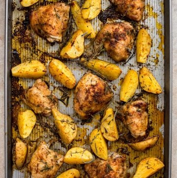 This sheet pan baked chicken and potatoes recipe is super easy and makes a delicious and comforting dinner that the whole family will love!